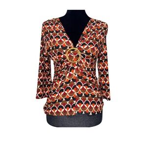 I.N. Studio Petite V-Neck Geometric Print Ring Detail Boho Top Orange Brown PM